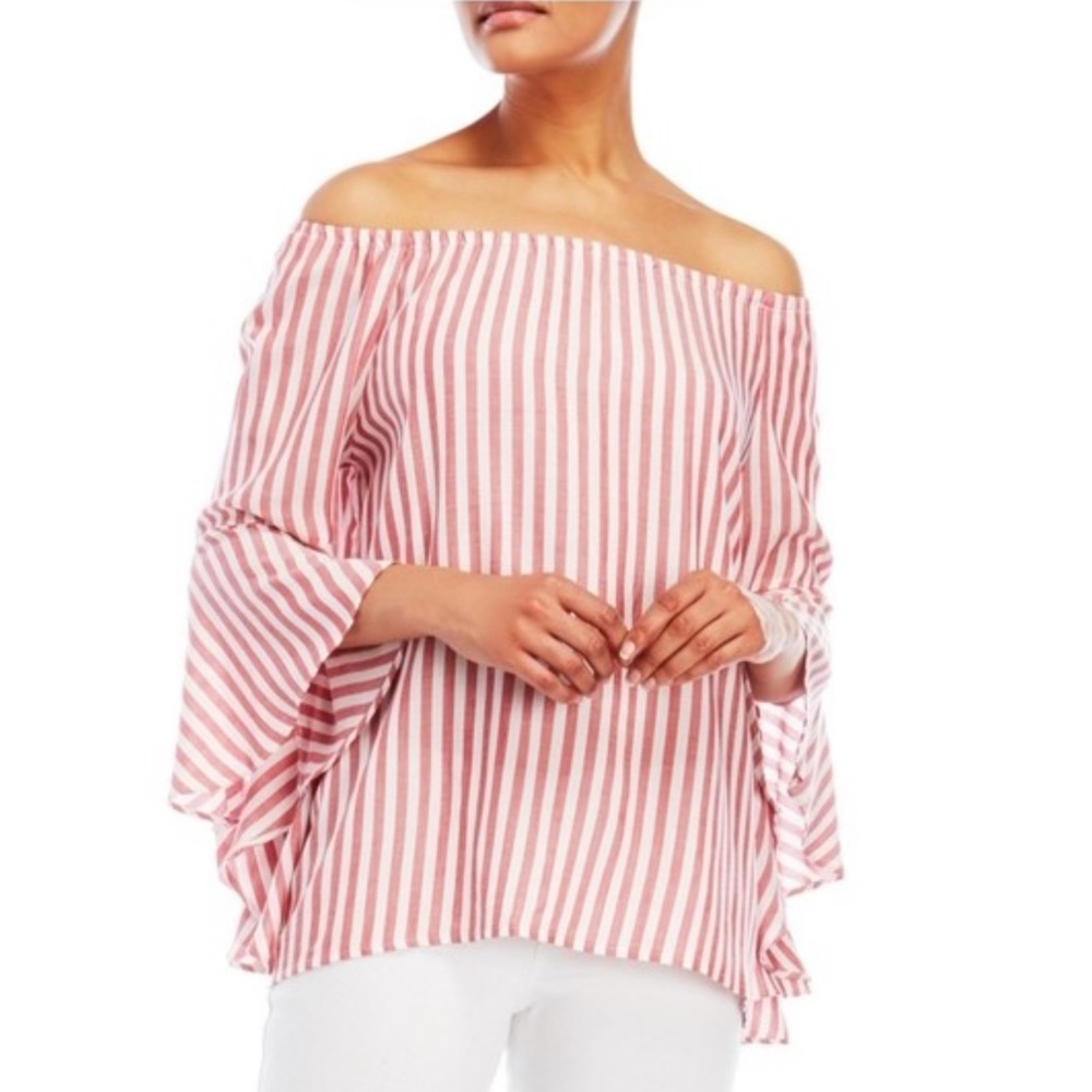 Vici Fever Red & White Striped Off Shoulder Bell Flare Sleeve Top
